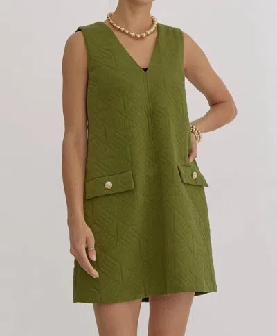 Entro Textured V-neck Sleeveless Mini Dress In Olive In Green