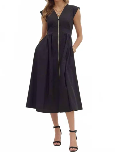 Entro Thalia V-neck Zip-front Midi Dress In Black In Blue