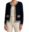 Entro The Elle Tweed-trim Cardigan In Navy With Cream Tweed Trim In Blue