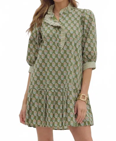 Entro Through The Meadow Floral Dress In Olive In Green