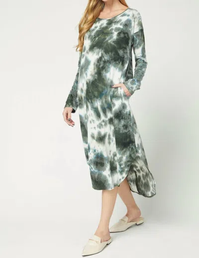 Entro Tie Dye Ribbed Pocket Dress In Olive In Green