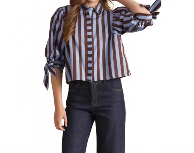 Entro Tie Sleeve Striped Button Up Blouse In Blue
