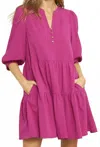 Entro Tiered Button Dress In Magenta In Purple
