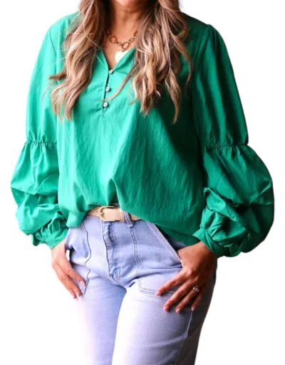 Entro Tiered Puff Sleeve V-neck Top In Green
