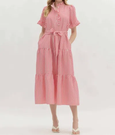 Entro Tiered Skirt Midi Dress In Pink And White Striped In Multi