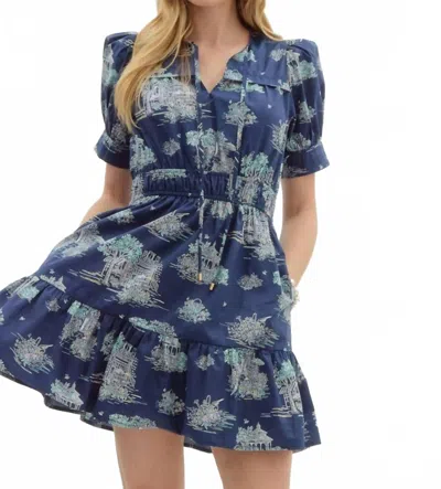 Entro Toile Print Puff Sleeve Mini Dress In Navy In Blue