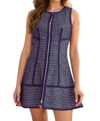 Entro Tracy Piping Detail Front Zipper Tweed Sleeveless Dress In Navy In Blue
