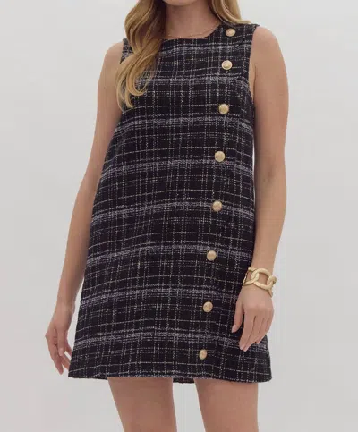 Entro Tweed Button Mini Dress In Black