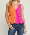 Entro Twist Front Color Block Top In Orange/pink In Multi