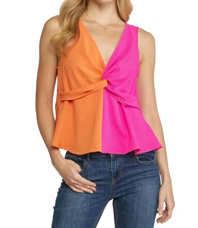 Entro Twist Front Color Block Top In Orange/pink In Multi