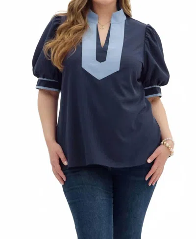 Entro Two Color Puff Sleeve Top In Navy In Blue