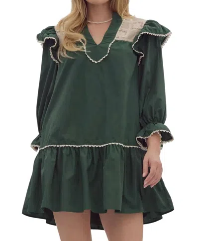Entro V-neck Drop Waist Mini Dress In Hunter Green
