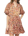 Entro V-neck Puff Sleeve Dress In Rust In Multi