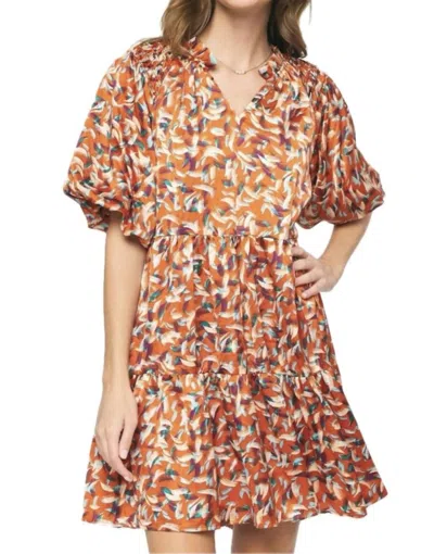 Entro V-neck Puff Sleeve Dress In Rust In Multi