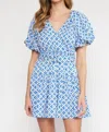 Entro V-neck Puff Sleeve Mini Dress In Blue Geo Print In Multi