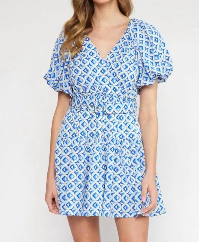 Entro V-neck Puff Sleeve Mini Dress In Blue Geo Print In Multi