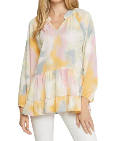 Entro V-neck Tiered Top In Pink Blue In Multi