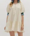 Entro Varsity Puff Sleeve Mini Dress In Cream In Neutral
