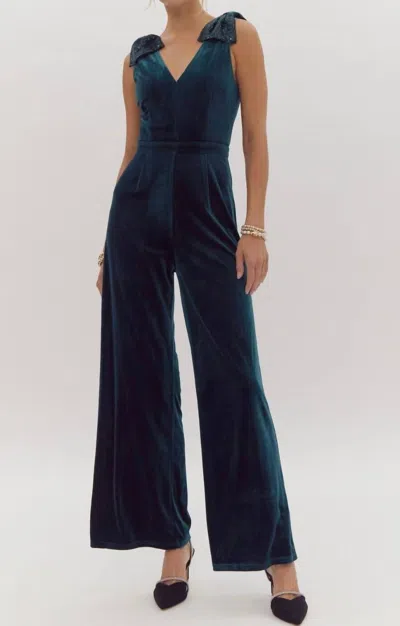 Entro Velvet Sequin Bow Shoulder Jumpsuit In Emerald In Gold