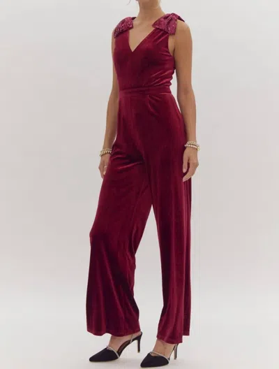 Entro Velvet Sequin Bow Shoulder Jumpsuit In Ruby In Pink