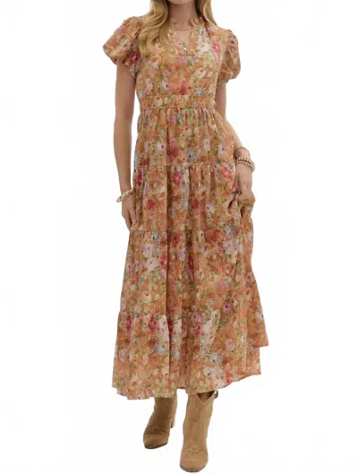 Entro Vintage Bloom Floral Print Tiered Midi Dress In Terracotta In Multi