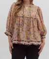 Entro Vintage Floral 3/4 Sleeve Empire Waist Top In Camel In Pink
