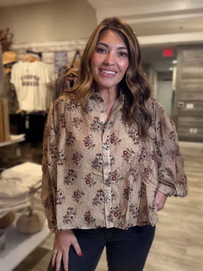 Entro Vintage Floral Button-up Blouse In Tan In Multi