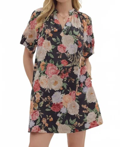 Entro Vintage Floral Short Dress With Pleated Sleeve In Black In Multi