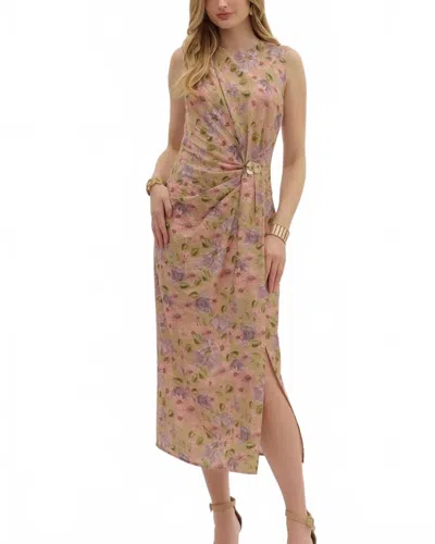 Entro Vintage Floral Sleeveless Slit Hem Pleated Midi Dress In Camel In Brown