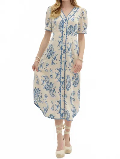 Entro Vintage Midi Dress With Button Front And Tie In Blue/cream In Brown