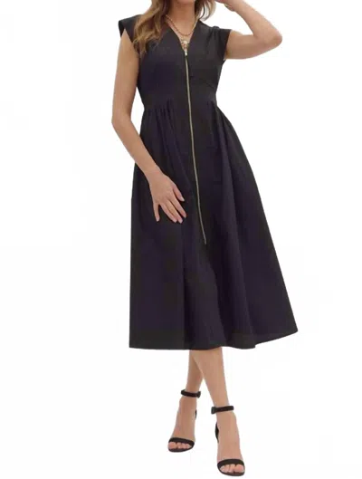 Entro Vivian Front Zipper Smocked Waist Midi Dress In Black