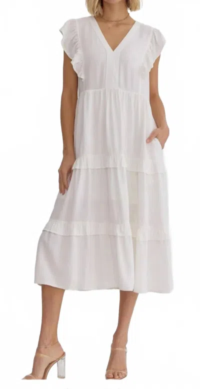 Entro V-neck Ruffle Sleeve Tiered Midi Dress In White