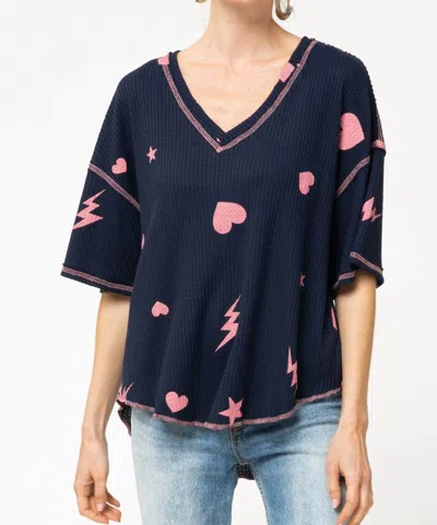 Entro Waffle Knit Top In Navy/pink In Multi