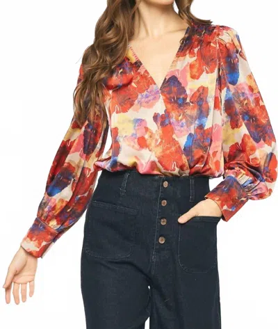 Entro Watercolor Floral Bodysuit In Red In Multi