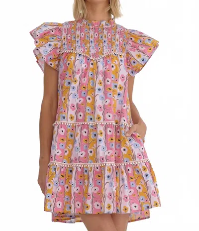 Entro Watercolor Floral Ruffle Sleeve Mini Dress In Pink