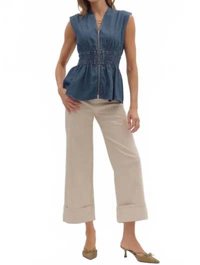Entro Wide Smocked Peplum Top In Dark Denim In Multi