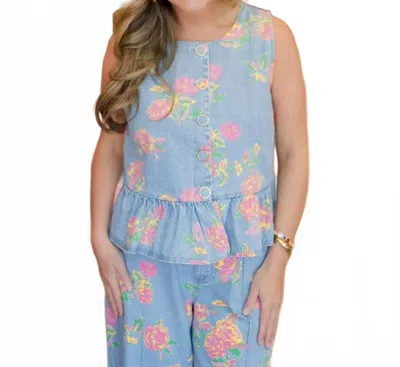 Entro Women's Floral Denim Top In Blue