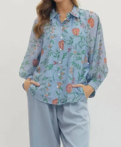 Entro Women's Floral Print Long Sleeve Button Up Top In Blue