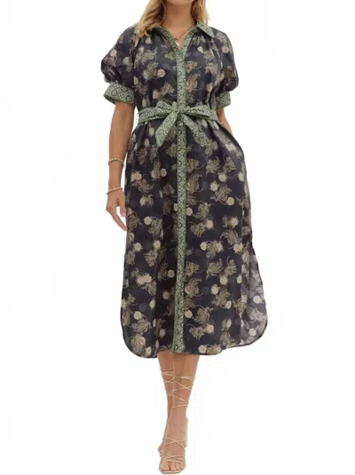 Entro Women's Silva Floral Short Puff Sleeve Shirt Midi Dress In Navy In Multi