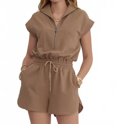 Entro Women's Solid Ribbed Half Zip Short Sleeve Romper In Mocha In Brown