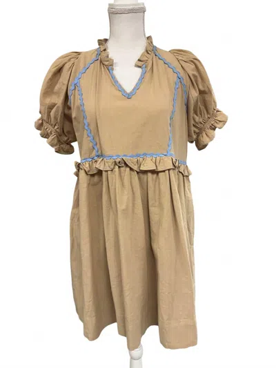 Entro Women's V Neck Puff Sleeve Short Dress With Trim In Taupe In Brown