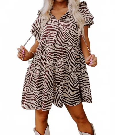 Entro Zebra Print Tiered Mini Dress In Brown/white