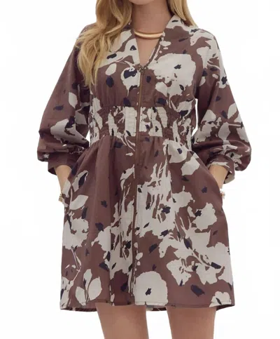 Entro Zip Up Mini Dress In Espresso In Multi