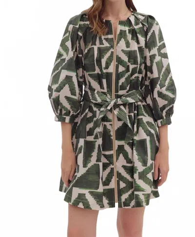 Entro Zipper Detailed Geometric Mini Dress In Olive In Green