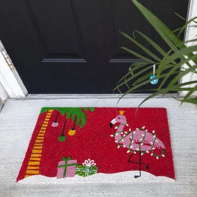 Entryways Christmas Flamingo Coir Doormat In Green;red;pink;gold