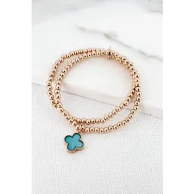 Envy Stretch Bracelet With Turquoise Fleur Charm In Gold