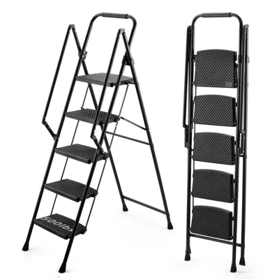Enxt 5-step Ladder, Folding Ladder Stool, With Anti Slip Wide Pedals, Steel Ladder, With Safety Anti Slip In Black