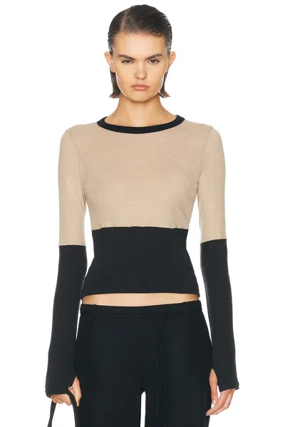 Enza Costa Cashmere Jersey New Classic Block Crewneck Top In Khaki & Charcoal
