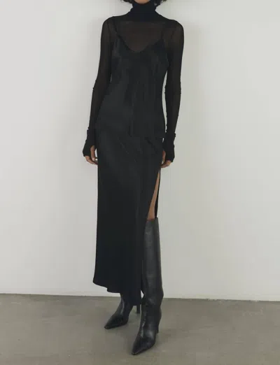 Enza Costa Cotton Mesh Long Sleeve Cuffed Turtleneck Top In Black