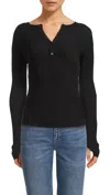 ENZA COSTA LAUNDERED THERMAL HENLEY TOP IN BLACK